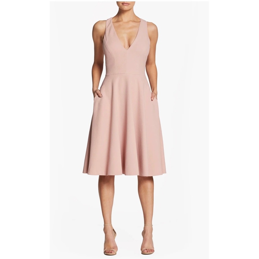 Dress the Population Blush Pink V-Neck Fit and Flare Midi Dress with Pockets M